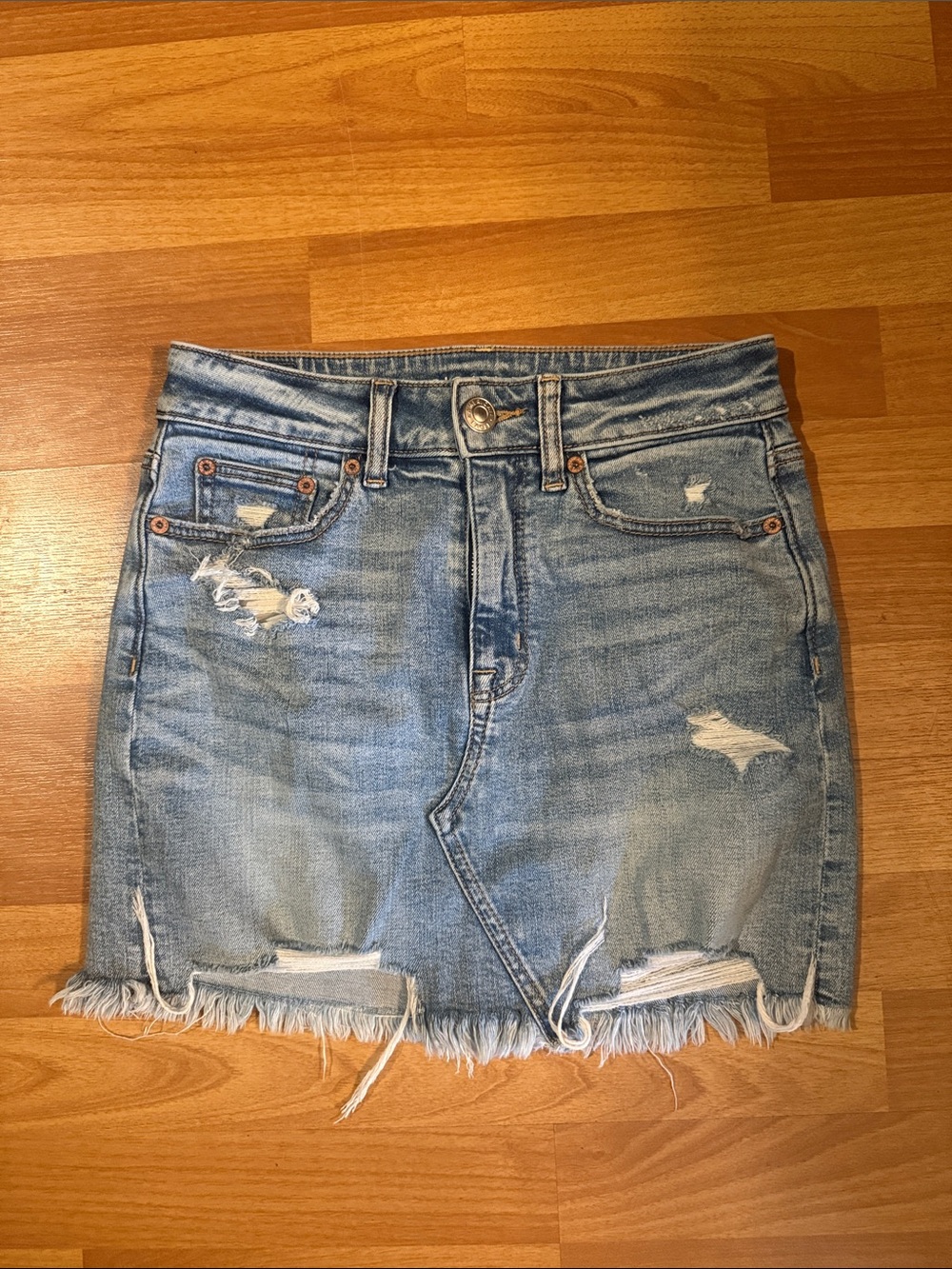 American Eagle Outfitters Light Blue Distressed Denim Mini Skirt
